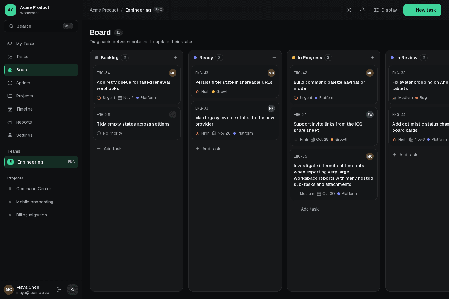 Board Kanban Moovit dengan task contoh yang dikelompokkan menurut status
